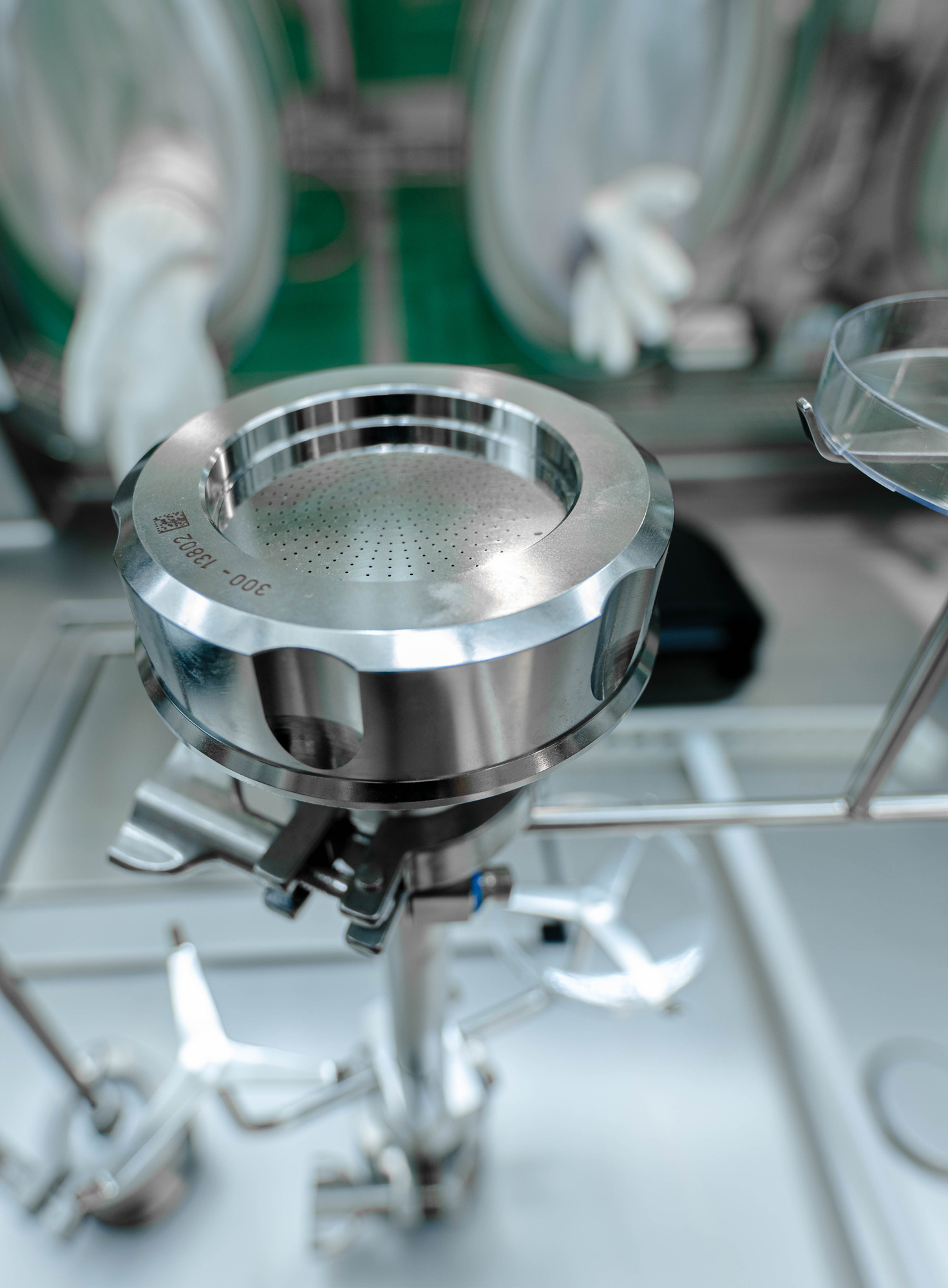 Stainless steel lab filter inside isolator.