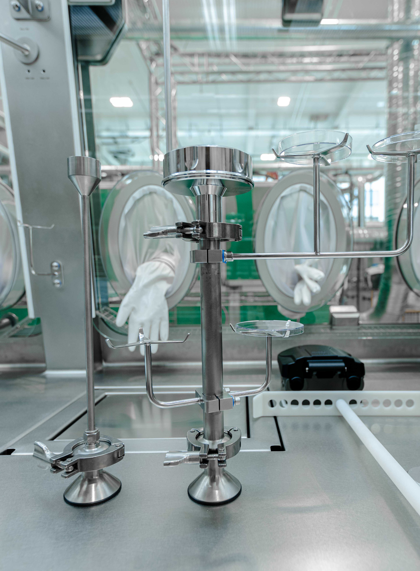 Stainless steel lab assembly inside isolator.
